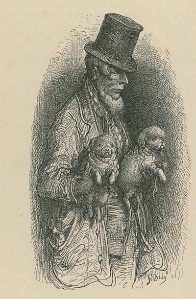 Un uomo con cilindro che tiene due cani in mano da Gustave Dore