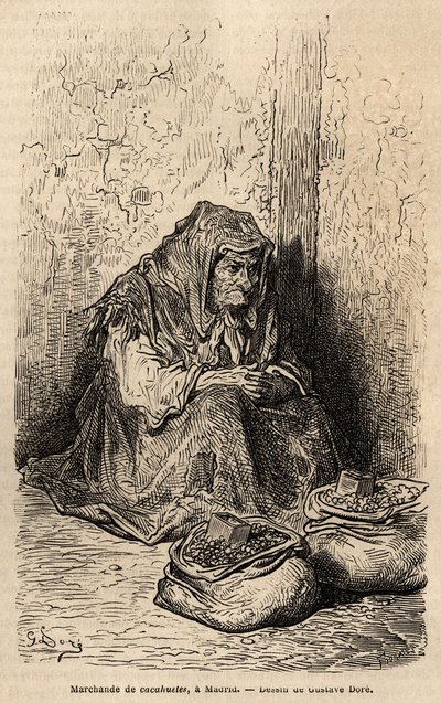 Un mercante di arachidi, schizzo dal vivo alla Puerta del Sol, Madrid, incisione di Gustave Dore per illustrare il suo viaggio in Spagna, con Ch. Davillier, 1862 da Gustave Dore