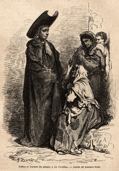Un prete e una donna del popolo, vestiti di stracci; i mendicanti professionisti spagnoli si stabilirono nei cortili delle chiese per sfruttare abilmente la carità cristiana. Schizzo dal vivo di Gustave Dore (1832-1883). Incisione per illustrare il viaggio da Gustave Dore