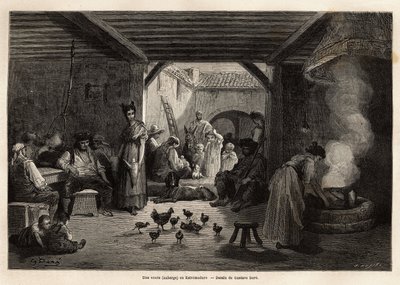 Una locanda in Estremadura, che accoglie lavoratori e viaggiatori così come vari animali domestici o meno, si può bere dalla brocca comune sospesa alle travi o individualmente e si può anche mangiare una zuppa sempre sul fuoco. Incisione per illustrare il  da Gustave Dore