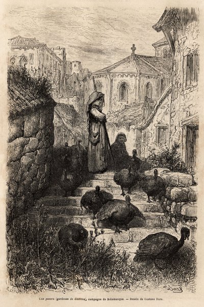 Un guardiano di tacchini, nelle strade di un villaggio nella campagna di Salamanca, disegno di Gustave Dore, incisione per illustrare il viaggio in Spagna, di Charles Davillier, 1862 da Gustave Dore