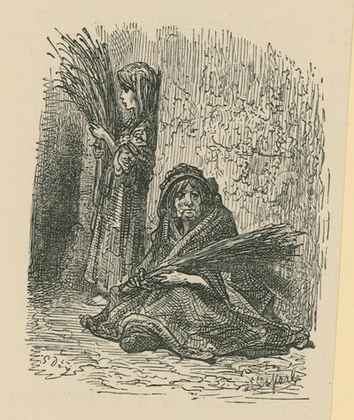 Una donna e una giovane ragazza che vendono fiori secchi da Gustave Dore