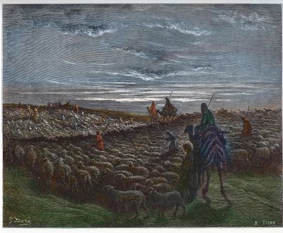 Abramo in viaggio verso la terra di Canaan - Abram si stabilì nella terra di Canaan - incisione in 