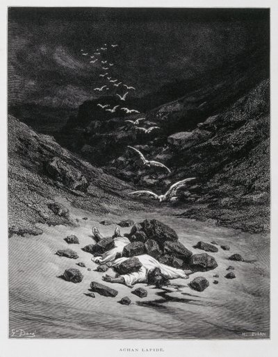 Acan viene lapidato a morte (Gios. 7:1,10-26), Illustrazione dalla Bibbia di Doré da Gustave Dore