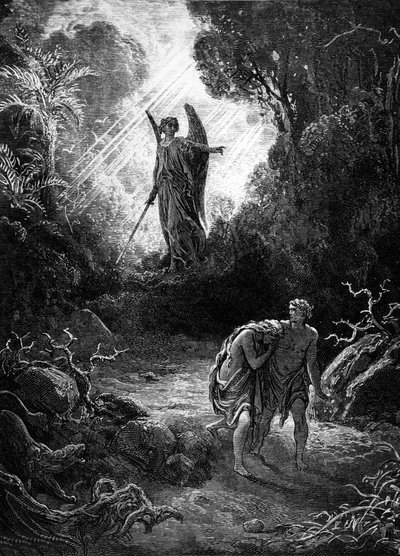 Adamo ed Eva cacciati dal Paradiso. Incisione di Gustave Doré. Edizione Mame 1891 da Gustave Dore