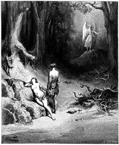 Adamo ed Eva sono cacciati dal Paradiso. Illustrazione di Gustave Doré per “Paradiso Perduto” di John Milton (1608-1674). Incisione del 1866. Collezione privata da Gustave Dore