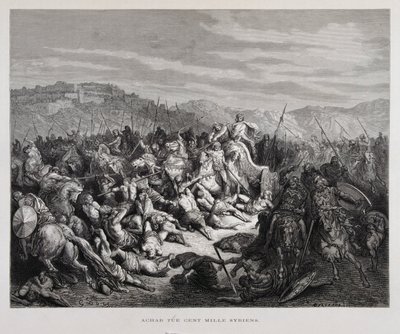 Acab combatte gli Assiri nella battaglia di Qarqar, illustrazione dalla Bibbia di Doré da Gustave Dore
