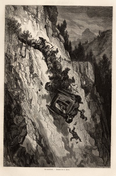 Un incidente di diligenza. Disegno di Gustave Doré per illustrare il suo viaggio in Spagna con C. Davillier nel 1862. Incisione in "Le tour du monde", a cura di Edouard Charton da Gustave Dore