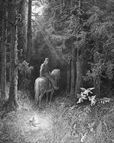 Mentre attraversava le foreste oscure, vide tre spiriti pazzi di gioia saltare sul lato della strada su un grande fiore (un cavaliere della tavola rotonda che incontra i tre spiriti nella foresta di Brocéliande) - in “Junièvre” di Alfred Tennyson, ill. di  da Gustave Dore