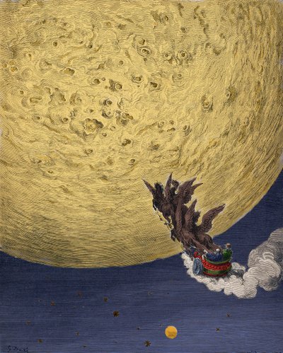 Astolfo sul carro di Elia parte per la luna per recuperare il senno di Orlando. Illustrazione di Gustave Doré (1832-1883) per 