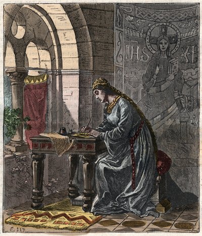 Bertrade di Montfort (1070-1117) Regina di Francia (moglie di Filippo I Re di Francia) a Fontevrault - Incisione di Gustave Doré del XIX secolo in "National History Illustrated of France from the Most Retreated Times to the Today" 1876 - Collezione privata da Gustave Dore