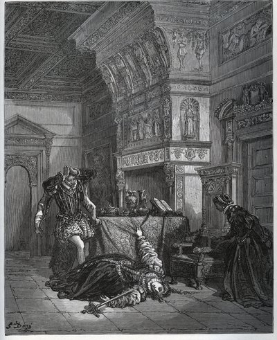 Camille finge suicidio davanti a Lothaire e Leonella - da “Don Chisciotte della Mancia” di Miguel Cervantes - xilografia dopo disegno di Gustave Doré da Gustave Dore
