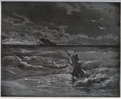 Storia del prigioniero. Aagi-Morato, il padre di Zoraide, è sulla barca sulla riva da “Don Chisciotte della Mancia” di Miguel Cervantes - xilografia dopo disegno di Gustave Doré da Gustave Dore