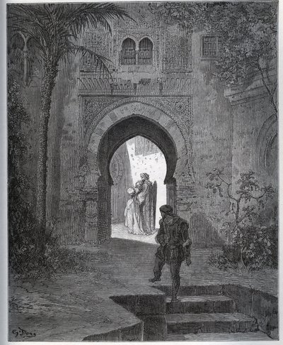 Storia del prigioniero. Primo incontro del prigioniero con Zoraide nel giardino del padre, che la riporta dopo il suo malore - da "Don Chisciotte della Mancia" di Miguel Cervantes da Gustave Dore