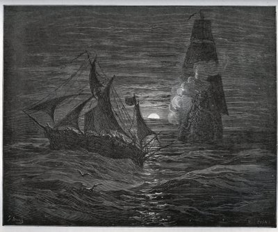 Storia del prigioniero. La barca di fuga spagnola è attaccata da una nave francese da “Don Chisciotte della Mancia” di Miguel Cervantes - xilografia dopo disegno di Gustave Doré da Gustave Dore