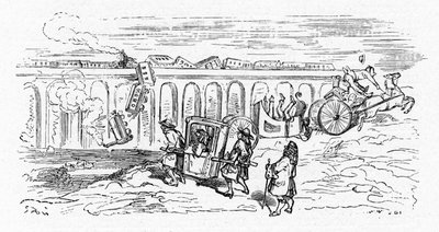 Cartone animato del trasporto "moderno" di Gustave Doré intorno al 1850: due treni si scontrano e un treno passeggeri deraglia e cade dall