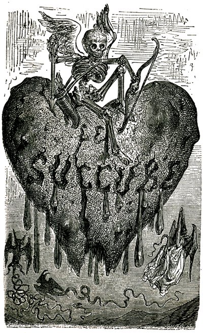 Illustrazione di testa di capitolo di Gustave Doré per i Racconti Drolatici (1855) di Honoré de Balzac: il succubo (vampiro) - scheletro, morte, cuore, sangue da Gustave Dore