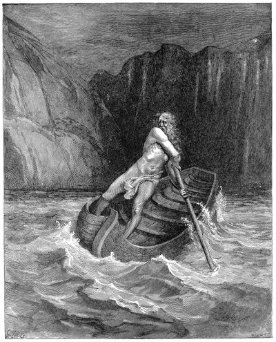 Caronte il traghettatore che rema per raccogliere Dante e Virgilio, per portarli attraverso lo Stige, 1861 da Gustave Dore