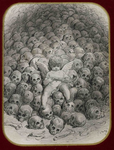 Cupido armato di una pistola seduto su una montagna di teschi da Gustave Dore