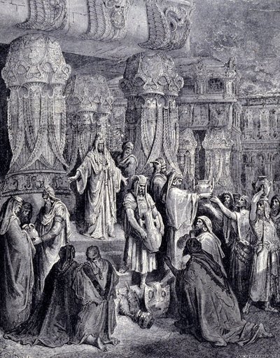 Ciro II il Grande (580 a.C. - 530 a.C.) liberò i popoli prigionieri al suo arrivo a Babilonia nel 539 a.C. e restituì al popolo ebraico i vasi sacri che erano stati presi come bottino nel tempio di Gerusalemme. Incisione di Gustave Doré. da Gustave Dore