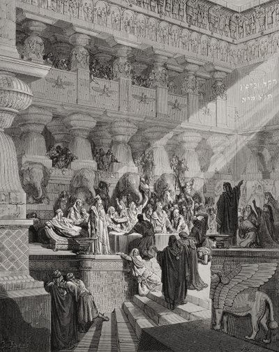 Daniele interpreta la scritta sul muro, Daniele 5:25-28, illustrazione da 