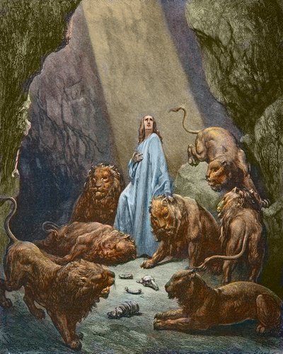Daniele nella fossa dei leoni - incisione di Gustave Doré - colorazione successiva da Gustave Dore