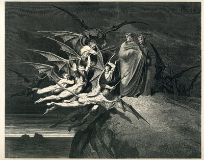 Dante e Virgilio affrontano i demoni. Incisione da L