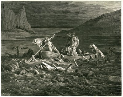 Dante e Virgilio navigano, guidati dal Nocchiero Flegias, sullo Stige in cui i dannati stanno guadando, che cercano di salire sulla barca. Incisione da L