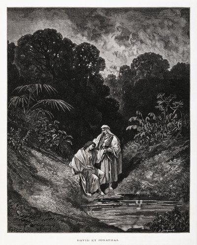 Davide e Gionata, figure eroiche del Regno di Israele, che formarono un patto di amicizia registrato nei libri di Samuele, Illustrazione dalla Bibbia di Doré da Gustave Dore