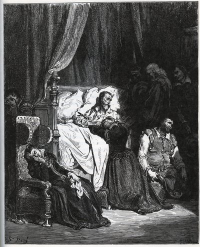 Morte di Don Chisciotte [Circondato da sua nipote, la sua governante, Sancho Panza, il parroco, il barbiere e il baccelliere Sansone Carrasco - da "Don Chisciotte della Mancia" di Miguel Cervantes (1547-1616) - xilografia dopo disegno di Gustave Doré da Gustave Dore