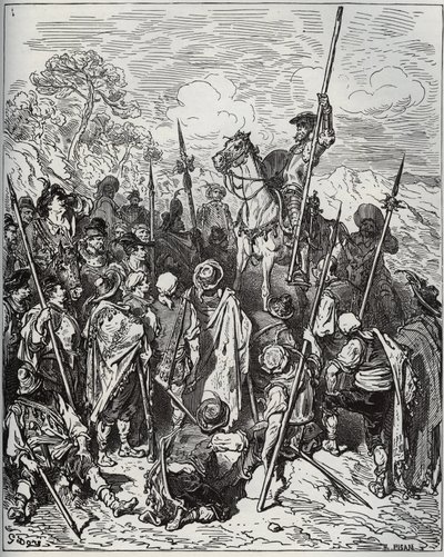 Don Chisciotte e Sancho con lo squadrone dei villani raglianti - da Don Chisciotte della Mancia di Miguel Cervantes (1547-1616) - xilografia su disegno di Gustave Doré da Gustave Dore
