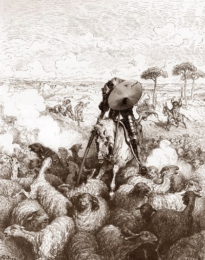 Don Chisciotte attacca il gregge di pecore. Incisione di Gustave Doré per 