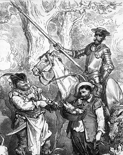Don Chisciotte lancia a mano e cavalca il suo cavallo Ronzinante pronto per l