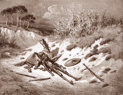 Don Chisciotte dopo la sua battaglia, chiama la sua dama ideale Dulcinea del Toboso. Incisione di Gustave Doré per 