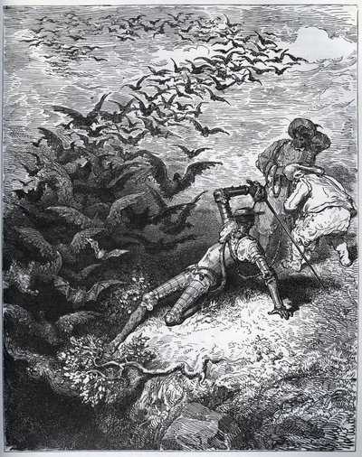Don Chisciotte nella caverna di Montesinos - Un numero infinito di corvi e cornacchie vola fuori dalla caverna di Montesinos, abbattendo Don Chisciotte (II, 22) - da 