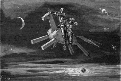 Don Chisciotte e Sancho Panza nel cielo, tra la luna e le stelle, cavalcando il cavallo di legno Clavilegne. Incisione di Gustave Doré che illustra l