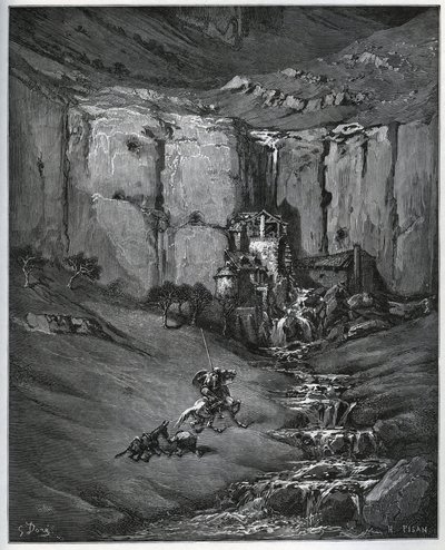 Don Chisciotte e Sancho Panza scoprono cosa ha causato la loro preoccupazione, una cascata e un mulino a foulon - da 