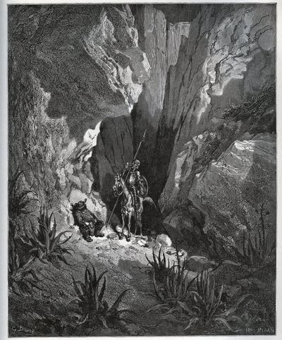 Don Chisciotte e Sancho Panza trovano le cose di un viaggiatore - da Don Chisciotte della Mancia di Miguel Cervantes (1547-1616) - xilografia su disegno di Gustave Doré da Gustave Dore