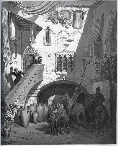 Don Chisciotte e Sancho Panza, invitati da Don Diego de Miranda a casa sua, sono accolti dalla moglie e dal figlio del gentiluomo - da 