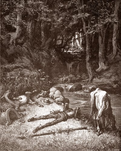 Don Chisciotte e Sancho Panza si rinfrescano a un ruscello, incisione di Gustave Doré per 