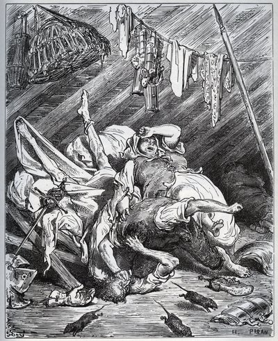 Don Chisciotte e un mulattiere che combattono per Maritornes, la governante, che Don Chisciotte scambia per la sua Dulcinea - da Don Chisciotte della Mancia di Miguel Cervantes (1547-1616) - xilografia su disegno di Gustave Doré da Gustave Dore
