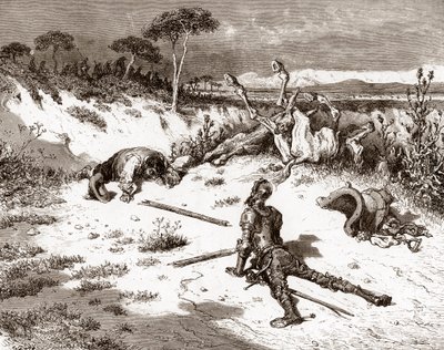 Don Chisciotte e Sancho Panza dopo la rissa con le guardie e i criminali, incisione di Gustave Doré per 