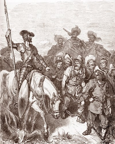 Don Chisciotte e Sancho Panza interrogano i criminali condotti alle galere. Incisione di Gustave Doré per 