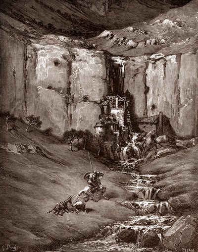 Don Chisciotte e Sancho Panza vedono una cascata e casupole rumorose (Don Chisciotte e Sancho Panza vedono una cascata e casupole rumorose) Incisione di Gustave Doré (1832-1883) per 
