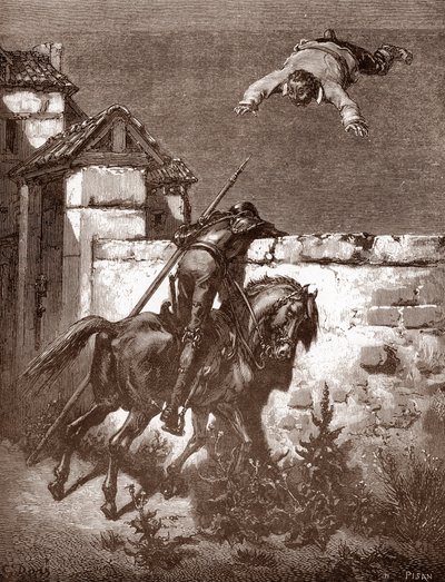 Don Chisciotte non riesce a fermare i lanciatori di Sancho Panza che lo fanno rimbalzare su una coperta (incisione di Gustave Doré per 