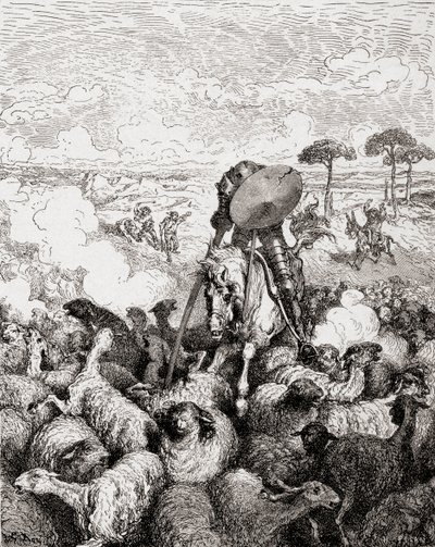 Don Chisciotte combatte il gregge di pecore, da Die Gartenlaube, pub. 1905 da Gustave Dore