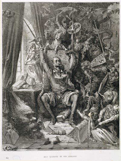 Don Chisciotte nella sua biblioteca, inciso da Heliodore Joseph Pisan (1822-90) c.1868 da Gustave Dore