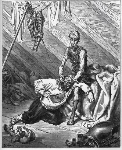 Don Chisciotte fa assaggiare a Sancho Panza il suo prezioso balsamo per guarirli da tutti i mali - da "Don Chisciotte della Mancia" di Miguel Cervantes da Gustave Dore
