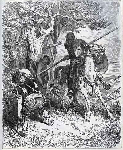 Don Chisciotte prende le parti del giovane valletto - "Per il sole che ci illumina, non so chi mi trattiene dal passare la mia lama attraverso il corpo" - da "Don Chisciotte della Mancia" di Miguel Cervantes (1547-1616) - xilografia dopo disegno di Gustave da Gustave Dore