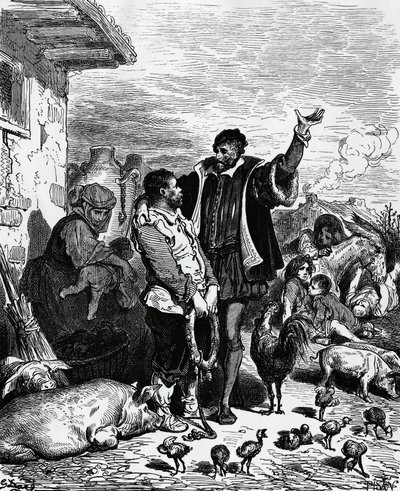 Don Chisciotte che porta via Sancho Panza dalla sua casa e lo nomina governatore, illustrazione di Gustave Doré (1832-1883) per l